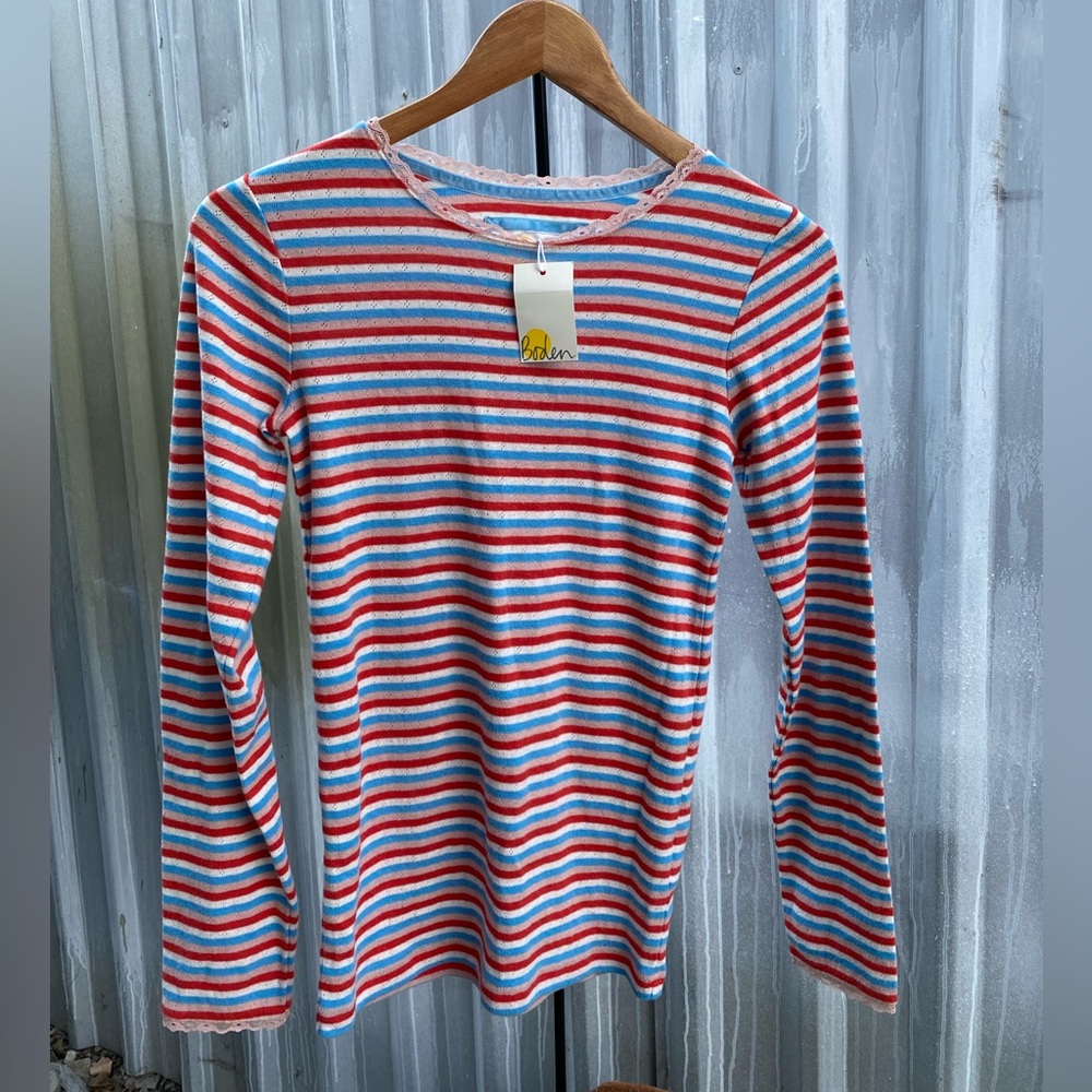 Boden pointele Striped Long-Sleeve NWT Crewneck Top in Blue, Red & White